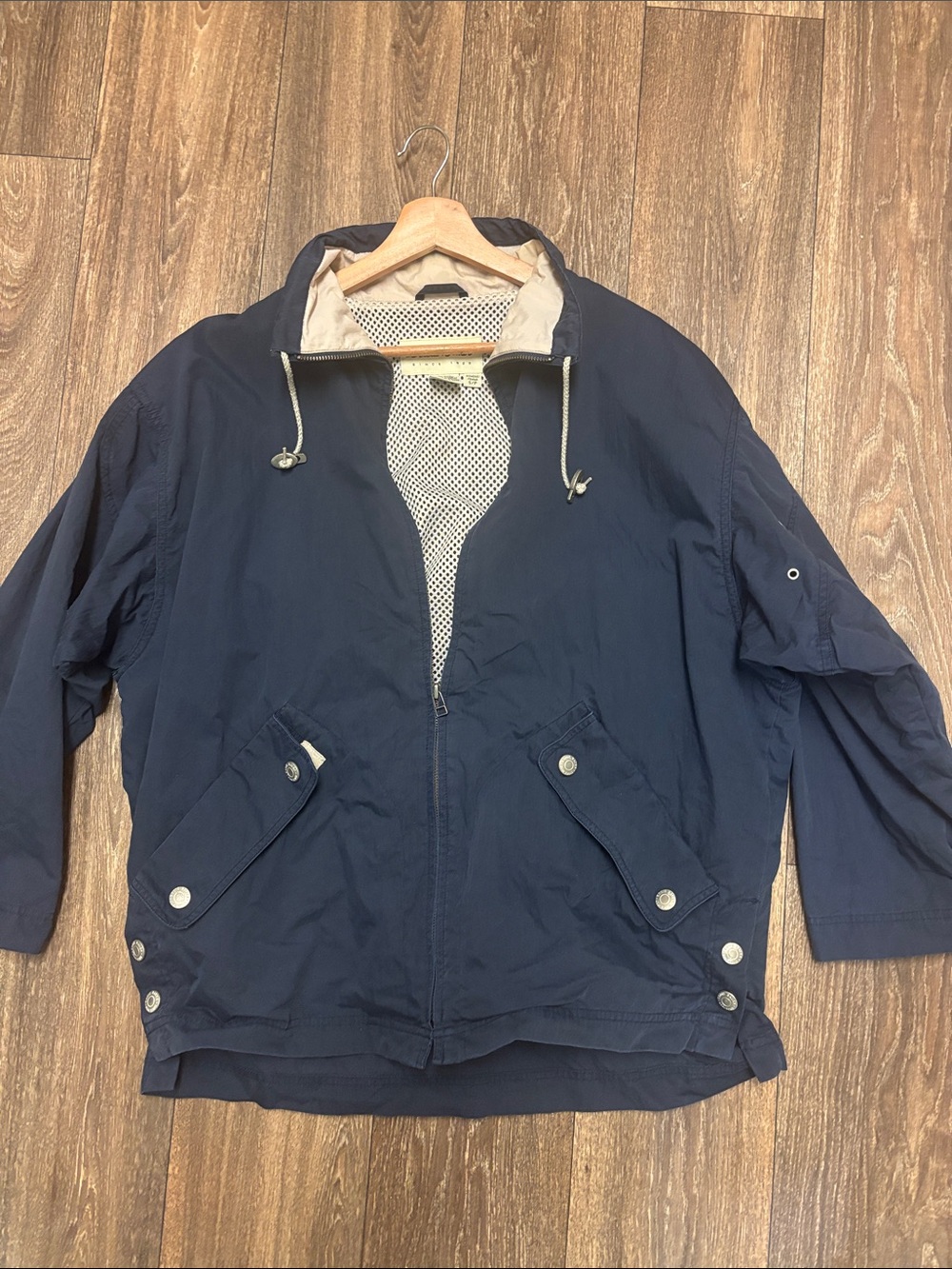 Eddie Bauer Vintage 90's Navy Windbreaker Light Wash Baggy Jacket with Hood